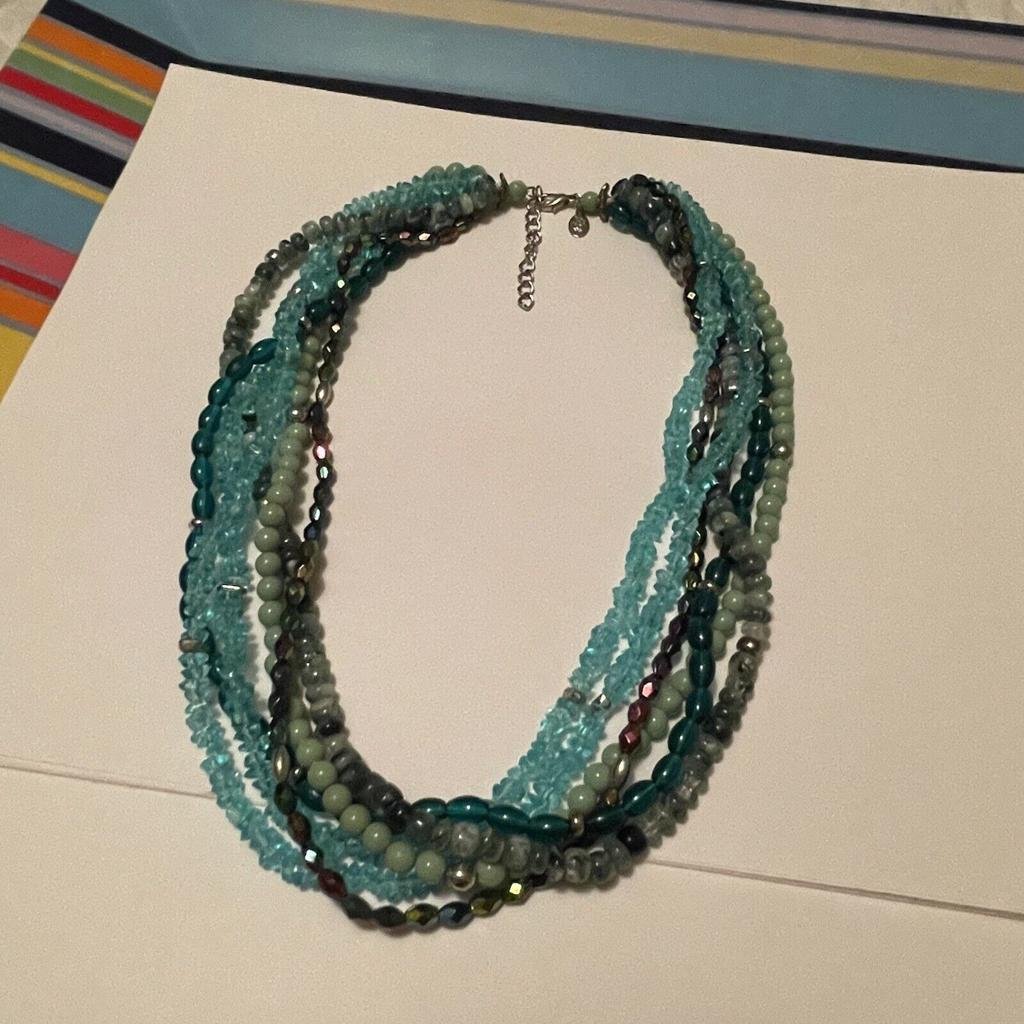 Premier Designs Costume Necklace Blue And Greenish Beads Multi Strand Chain 15$